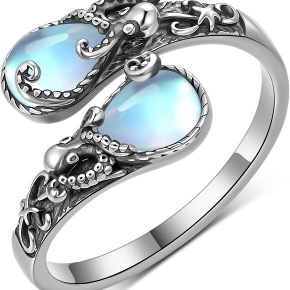 Sterling Silver Octopus Spoon Ring Size 7 Moonstone Gift for Women